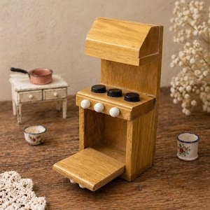 Vintage Wooden Dollhouse Stove – Miniature Kitchen Oven with Painted Burners and Knobs – Made in China – Dollhouse Furniture