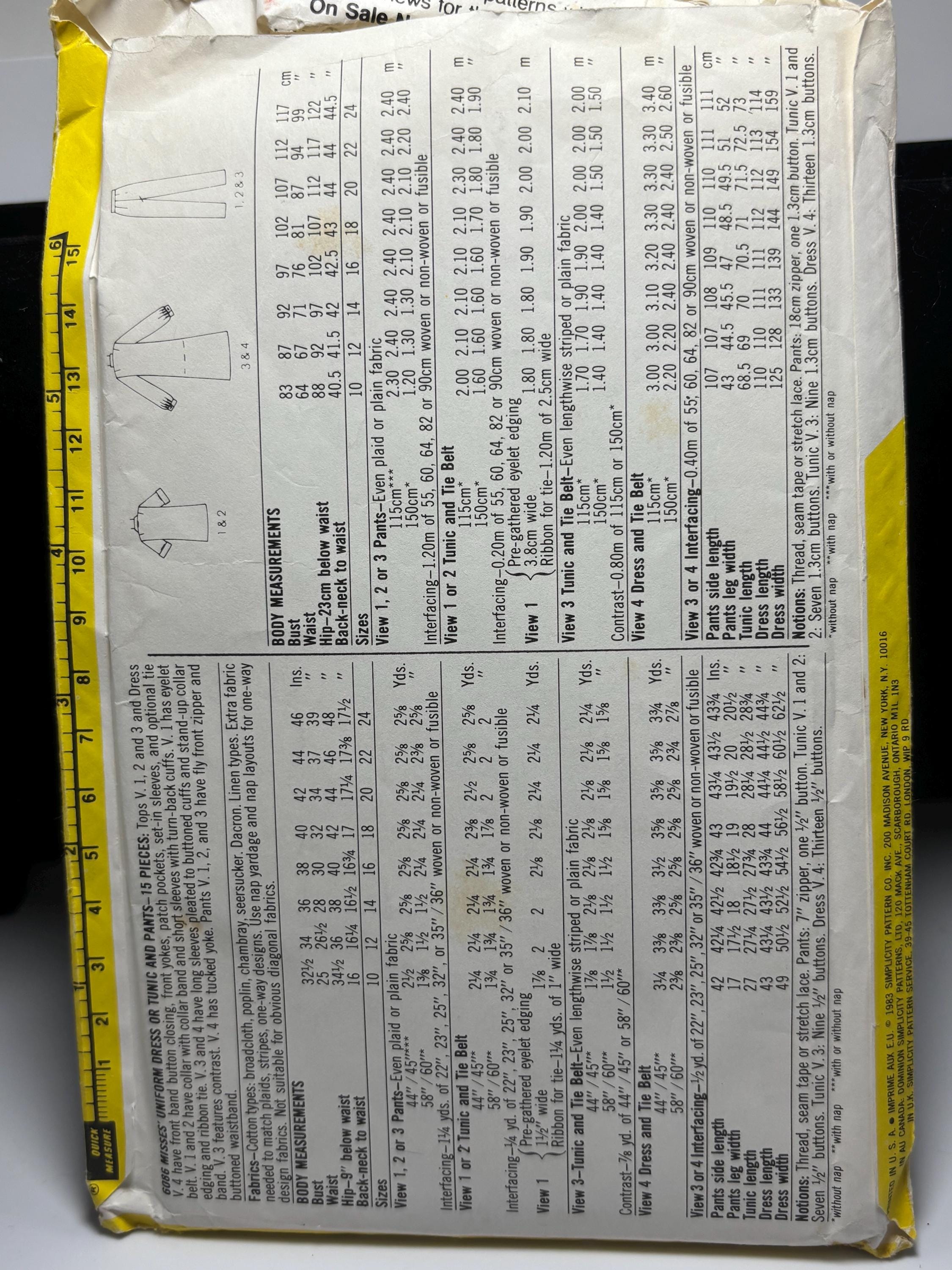 Simplicity 6086 Vintage 1980s Nurse Uniform Sewing Pattern – Dress, Tunic & Pants, Size 14, Uncut Complete - Cosplay, Costume or Play Outfit - Thumbnail 3