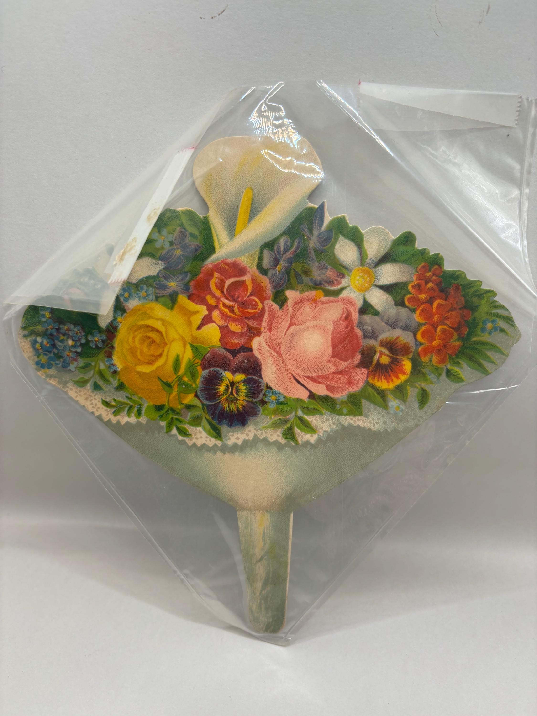 Antique Victorian Die-Cut Paper Hand Fan – Floral Bouquet Lithograph - Thumbnail 2