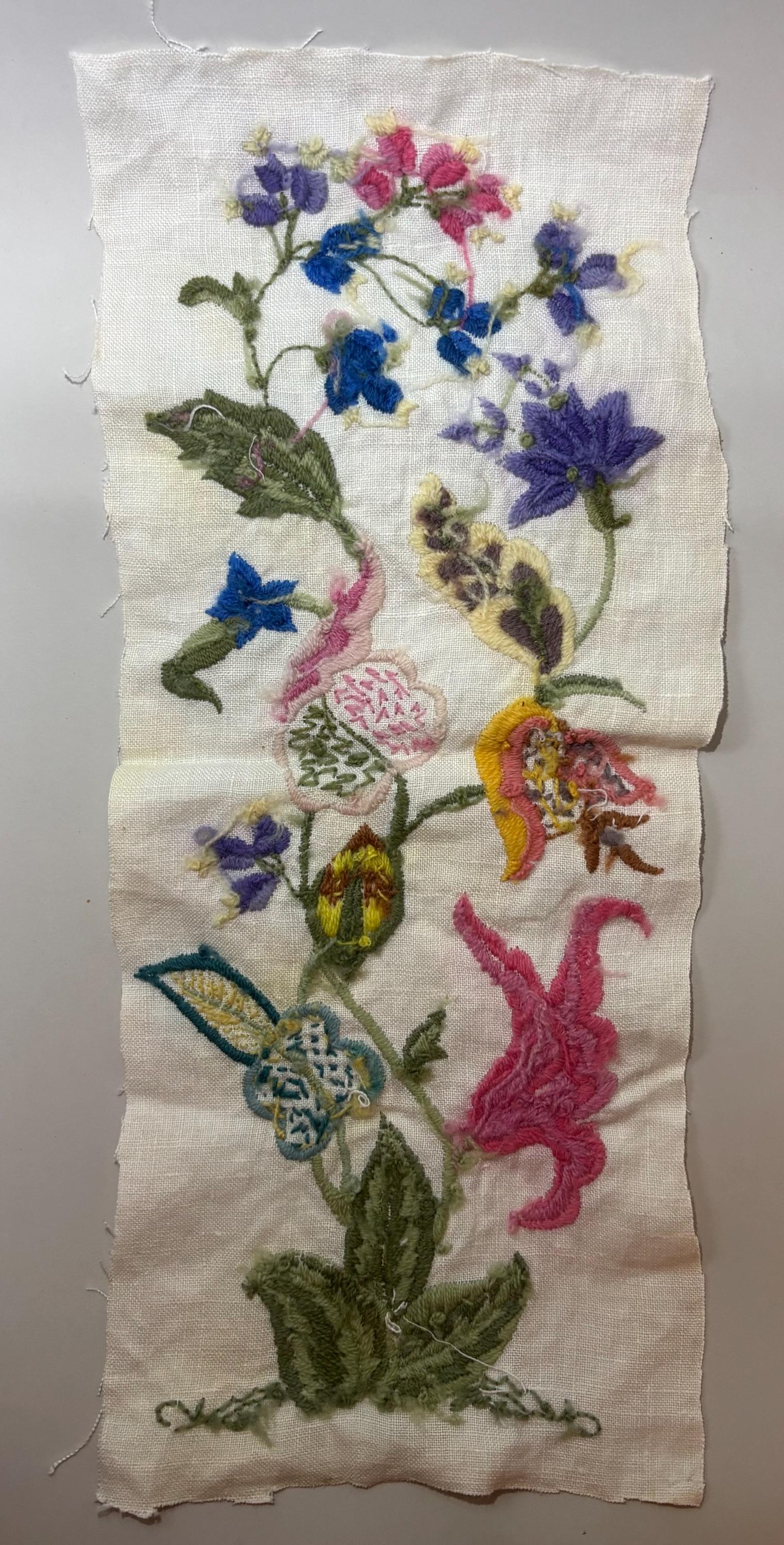 Enchanted Cottagecore Hand-Worked Embroidery Panel – Vintage Unmounted Crewel Sampler with Floral Design – Fairy Tale Textile Art - Thumbnail 2