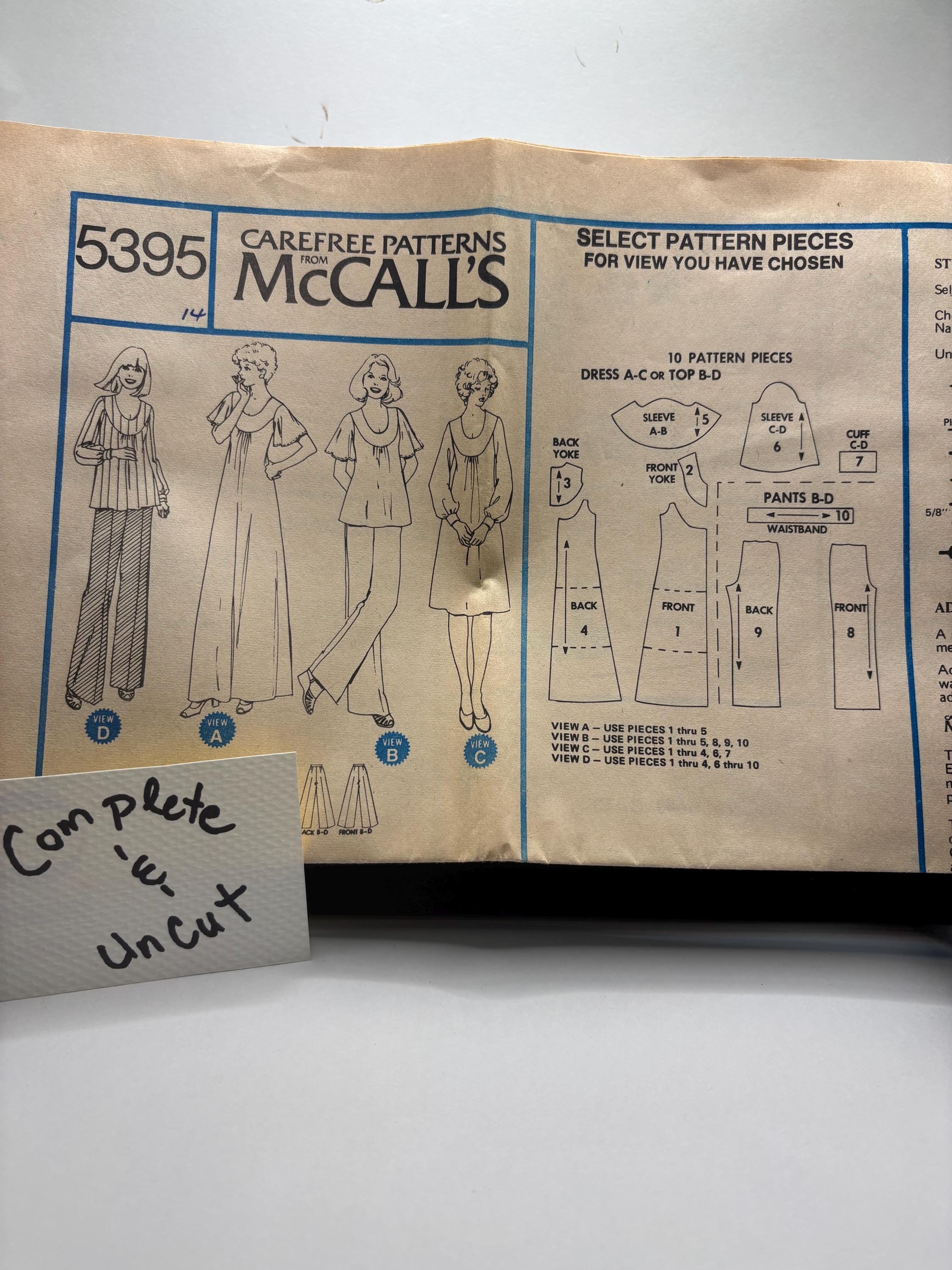 1970s Vintage McCall’s 5395 Sewing Pattern – Lounge Dress, Top & Pants – Size 14 – Complete and Uncut