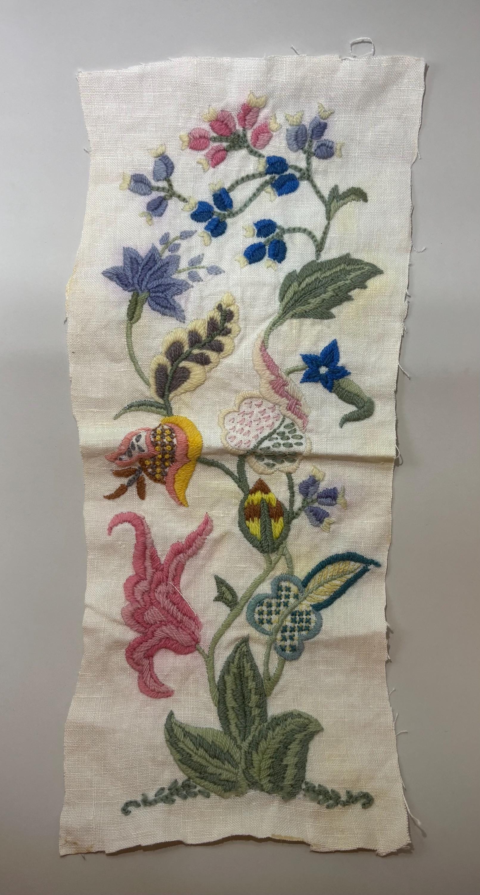 Enchanted Cottagecore Hand-Worked Embroidery Panel – Vintage Unmounted Crewel Sampler with Floral Design – Fairy Tale Textile Art