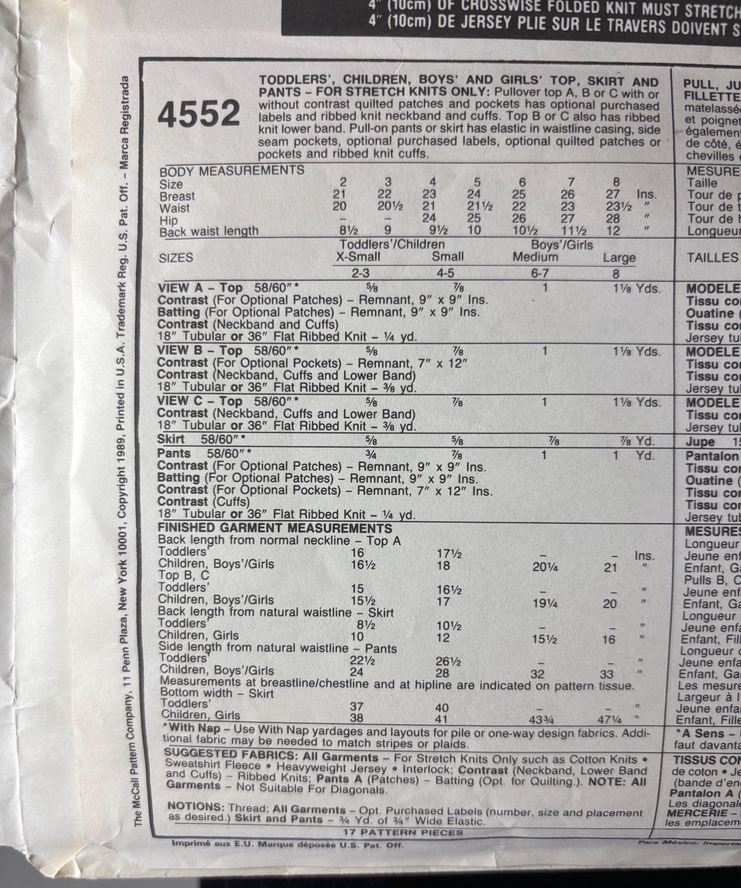 Vintage 1989 McCall’s 4552 Toddler & Children’s Knit Separates Pattern – Tops, Pants, Skirt Size XS (2–3) Uncut Totally 80s Style Lounging - Thumbnail 4