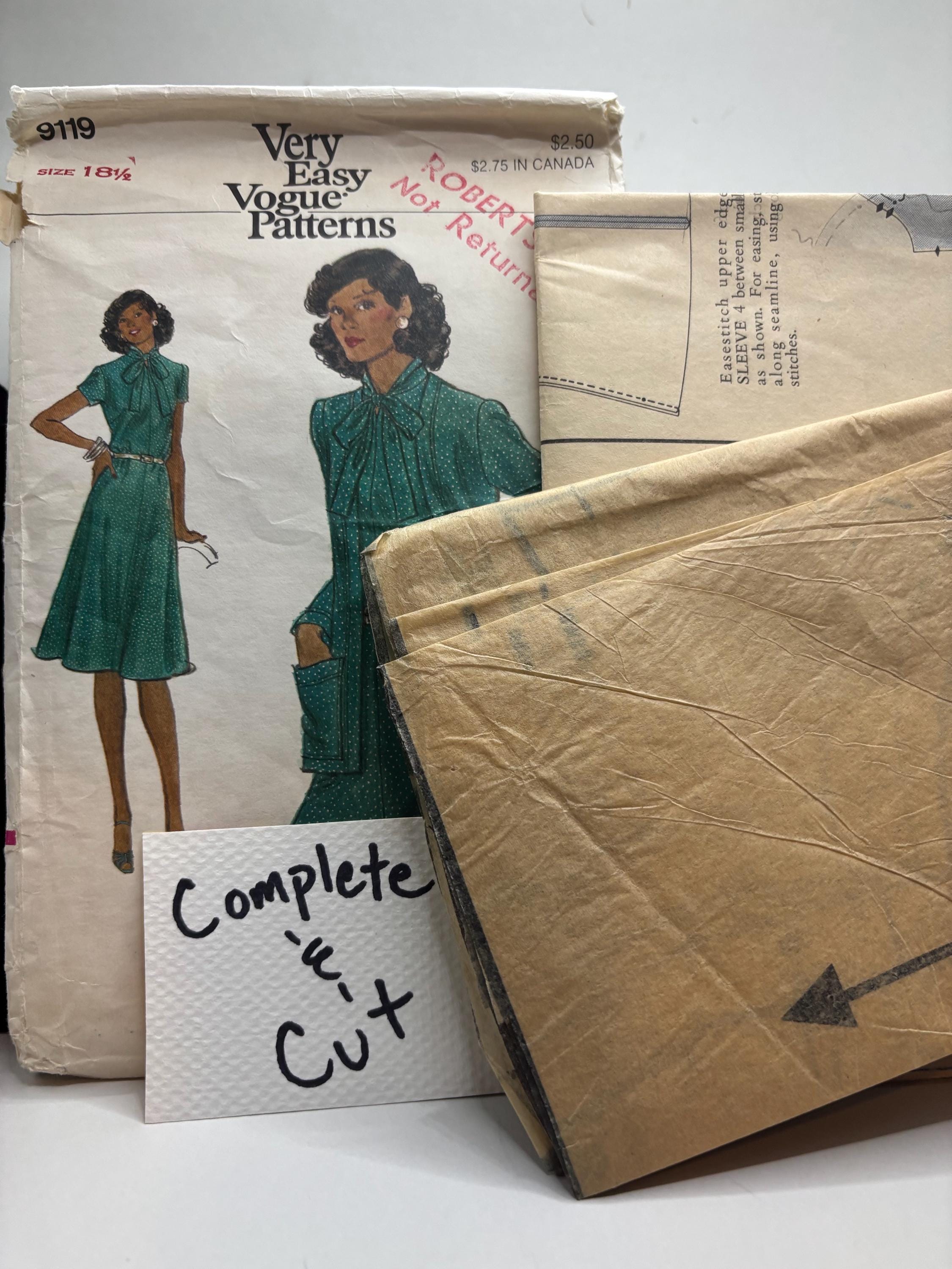 Vogue 9119 Sewing Pattern - 1970s Misses Size 18 1/2 Dress with Pockets & Tie Neck - Very Easy Vogue - Vintage Complete and Cut - Thumbnail 5
