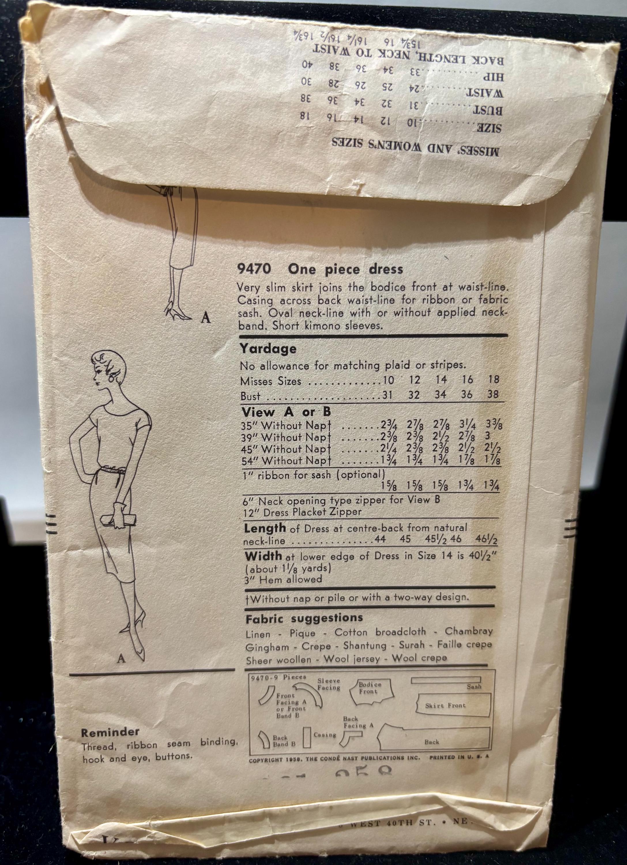 Vintage 1950s Vogue 9470 Sewing Pattern – Misses Size 14 Bust 34 Hip 36 – Slim Sheath Dress with Kimono Sleeves – Complete Uncut - Thumbnail 3