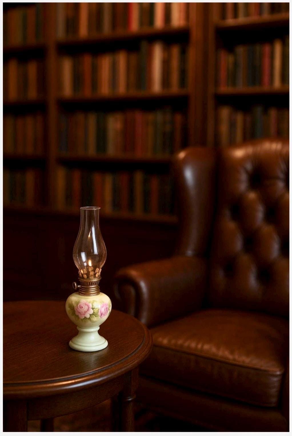 Vintage 1970s Lefton Japan Miniature Table Oil Lamp – Hand Painted Roses on Mint – Heritage-Green Porcelain with Glass Chimney – #4169 - Image 1