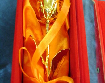 Romantic Gift - Real Rose 11 Inch Dipped in 24K Gold in Handcrafted Red Velvet Box with Window NEW