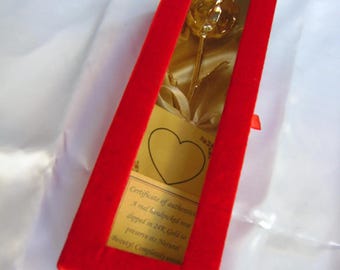 Romantic Valentines Gift - 6 Inch Full Bloom Real Rose Dipped in 24K Gold in Handcrafted Red Velvet Box Laid in Gold Satin with Window NEW