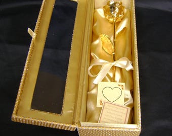 Anniversary/Wedding/Birthday Gift  - 12 Inch Real Rose Dipped in 24K Gold in Handcrafted Egyptian Gold Casket Design Box NEW