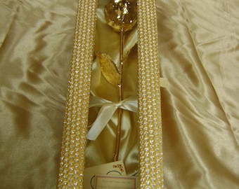 Valentine&#39;s Day Gift  - 11 Inch Real Rose Dipped in 24K Gold in Handcrafted Egyptian Gold Casket Design Box NEW