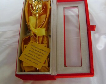 Anniversary/Wedding/Birthday Gift - 6 Inch 24K Gold Dipped Real Rose in a Red Velvet Egyptian Casket with Window in Gold Satin Back with COA