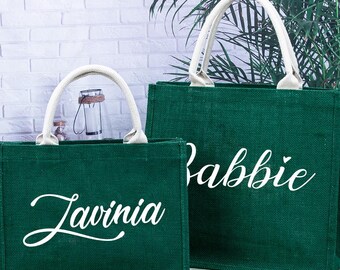 Personalized Green Burlap Bag, Custom Wedding Gift Bags, Bridesmaid Beach Bag