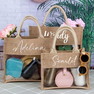 Personalized Burlap Bridesmaid Tote Bag, Custom Name Wedding Favor & Bridal Party Gift