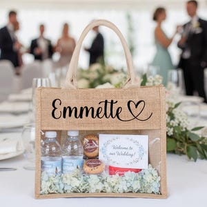 Personalized Wedding Welcome Bags for Guests, Custom Jute Tote with Clear Window, beach bride