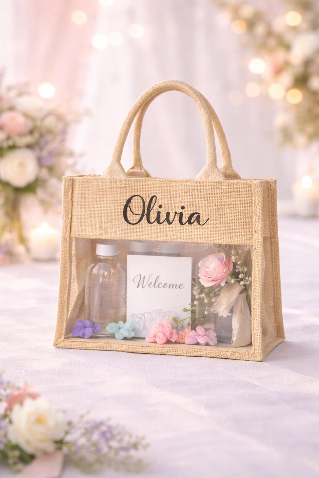 Custom Bridesmaid Burlap Tote With Clear Window – Personalized Wedding ...