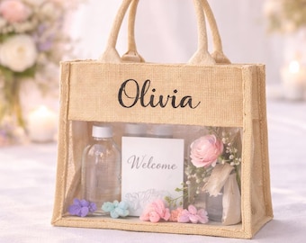 Custom Bridesmaid Burlap Tote with Clear Window – Personalized Wedding Welcome Bag