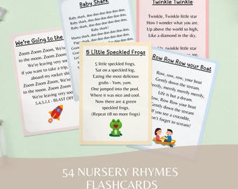 Tarjetas didácticas de canciones infantiles imprimibles, 54 tarjetas para niños pequeños, tarjetas de aprendizaje preescolar, recurso para la educación en casa, descarga instantánea en PDF.