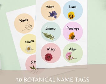 30 etiquetas botánicas con nombres – Estilo de flor prensada – PowerPoint editable para guarderías, preescolares, aulas, profesores y niños.