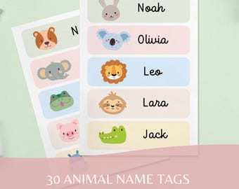 30 etiquetas con nombres de animales adorables para preescolar y guardería – Etiquetas editables para guarderías – Archivo imprimible de PowerPoint