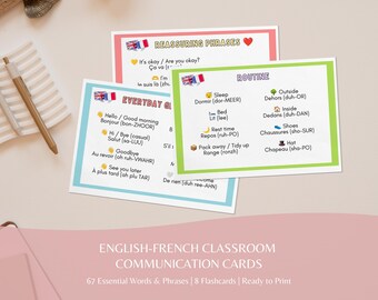 Tarjetas didácticas de comunicación bilingüe francés-inglés para el aula / 67 palabras y frases esenciales / Material imprimible para guarderías y jardines de infancia
