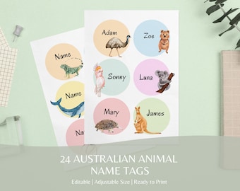 24 etiquetas con nombres de animales australianos: etiquetas editables para el aula de preescolar, jardín de infancia y guardería; carteles imprimibles para el escritorio.