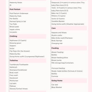 May include: A checklist for packing a hospital bag for a new mother and baby. The checklist is divided into sections for essentials, post-partum, clothing, toiletries, comfort, and care. The checklist includes items such as maternity notes, peri bottle, breast pads, nipple cream, ice packs, nightwear, slippers, socks, flip flops, maternity bra, toothbrush, toothpaste, hairbrush, shampoo, conditioner, body wash, face wash, deodorant, moisturizer, lip balm, makeup, glasses, contact lenses, snacks, water bottle, entertainment, blanket, pillow, sleepsuits, vests, baby hat, mittens, socks, swaddle blanket, nappies, wipes, Muslim cloths, baby body wash, shampoo, body sponge, changing mat, bottles, breast feeding pillow, breast pump, milk storage bag, formula, ready made bottles, car seat, and a baby blanket.