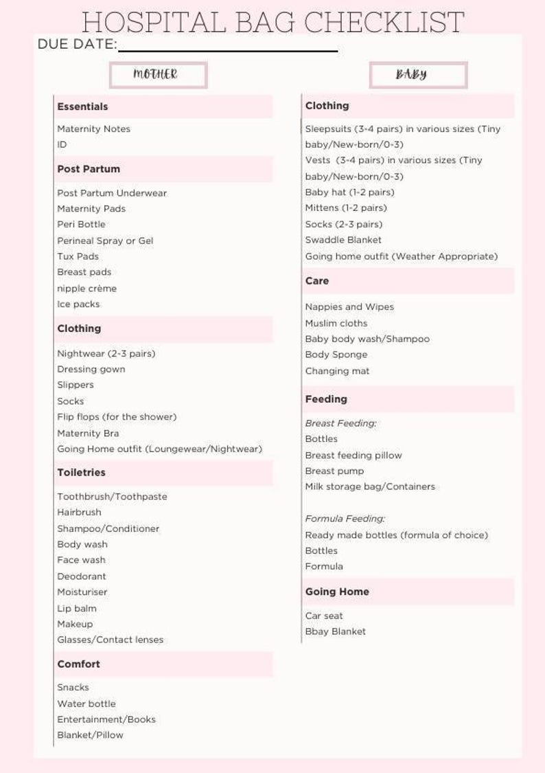 May include: A checklist for packing a hospital bag for a new mother and baby. The checklist is divided into sections for essentials, post-partum, clothing, toiletries, comfort, and care. The checklist includes items such as maternity notes, peri bottle, breast pads, nipple cream, ice packs, nightwear, slippers, socks, flip flops, maternity bra, toothbrush, toothpaste, hairbrush, shampoo, conditioner, body wash, face wash, deodorant, moisturizer, lip balm, makeup, glasses, contact lenses, snacks, water bottle, entertainment, blanket, pillow, sleepsuits, vests, baby hat, mittens, socks, swaddle blanket, nappies, wipes, Muslim cloths, baby body wash, shampoo, body sponge, changing mat, bottles, breast feeding pillow, breast pump, milk storage bag, formula, ready made bottles, car seat, and a baby blanket.