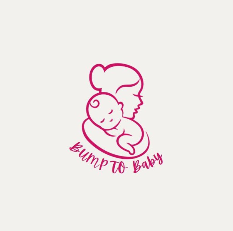 May include: Pink line drawing of a pregnant woman holding a baby in her arms. The text "Bump to Baby" is written below the image.