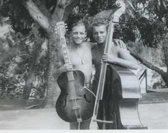 2 Handsome Young SHIRTLESS MEN with GUITARS at the Beach In New Caledonia - 1940s Original Photo