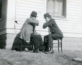 Two Men in Bowler Hats Sitting BACKWARDS in Chairs Solving All The WORLD PROBLEMS in 1910s Photo