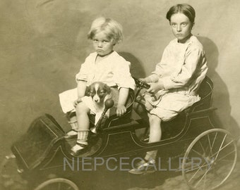 Children with PUPPY Dog on Fancy PEDAL CAR - c1910 Photo