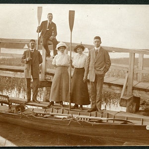 Men + Women About to go BOATING in Their CANOE - 1910s Real Photo Postcard