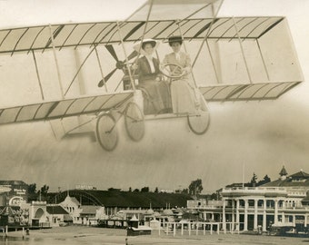 2 Women In AIRPLANE over LONG BEACH California - Novelty Arcade Studio Prop Photo Postcard circa 1910