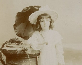 Cute Little Identified 9 Year Old Girl with PARASOL - 1890s Cabinet Card Photo by C. H. Wells of Denver Colorado
