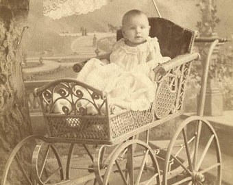 Amazing Ornate BABY CARRIAGE STROLLER with Parasol - Minneapolis Minnesota 1890s Cabinet Card Photo by the Oswald Bros.