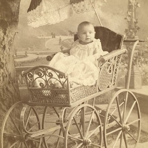 Erstaunlicher verzierter KINDERWAGEN-KINDERWAGEN mit Sonnenschirm - Minneapolis Minnesota 1890er Jahre Kabinett-Karte Foto der Oswald Bros.