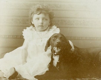 Adorable Little Girl with Her BLACK LAB DOG in 1892 Cabinet Card Photo by W. Busse of New York