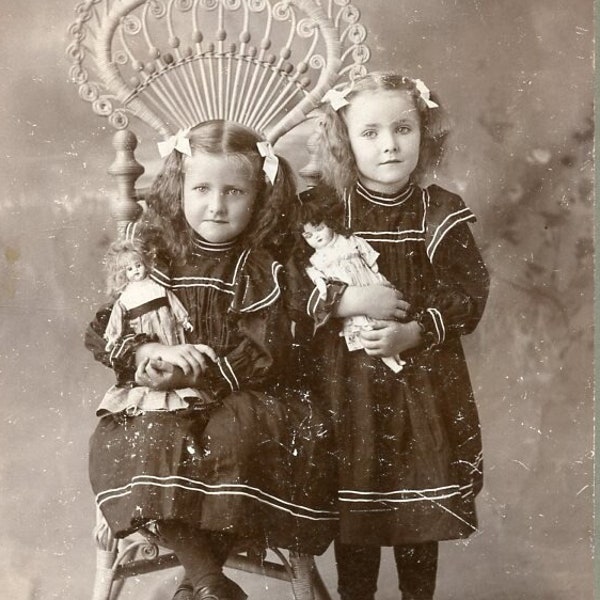 Two Little Girls with Their VICTORIAN DOLLS - 1890s Cabinet Card Photo by Prettyman - Blackwell Oklahoma Territory