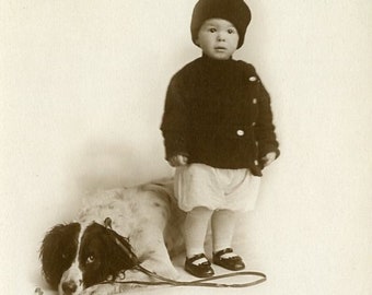 Cute Little Boy with BEST FRIEND DOG in Adorable 1911 Portrait Photo by Barnett of Redlands California