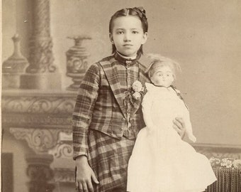 Little Girl with LARGE VICTORIAN DOLL - 1890s Cabinet Card Photo by Ed C. Brown - Sterling Illinois