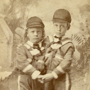 Two Young Boys in Matching Outfits - BEST FRIENDS Holding Hands - Identified Boys - Keokuk Iowa - 1880 cdv Carte de Visite Photo