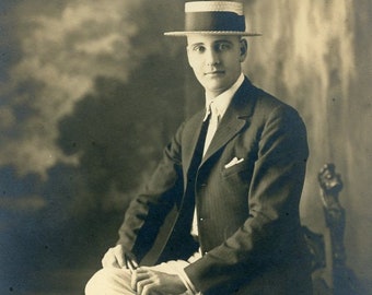 Handsome Man with STRAW HAT and CANE in 1920s Roaring Twenties Portrait Photo by Angvire of Spokane, Washington