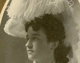 Beautiful Woman in Amazing EDWARDIAN Era FEATHER HAT - Butte, Montana - circa 1900 Cabinet Photo by Dusseau + Thomson