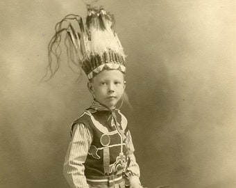 Identified Person - Little Boy Dressed in Elaborate NATIVE AMERICAN INDIAN Costume - Omaha, Nebraska - 1909 Cabinet Photo by Herman Heyn