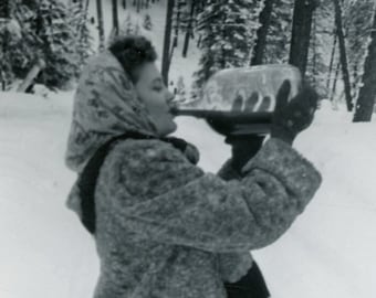 Young Woman Having a SWIG of MOONSHINE On A Showy Winter Day - Original 1950s Photo