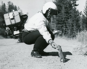 MOTORCYCLIST FEEDING CHIPMUNK in Candid Snapshot Photo circa 1950