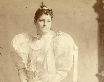 Beautiful Woman in Amazing VICTORIAN GOWN - 1896 Cabinet Card Arcade Photo - Cardiff Wales United Kingdom - Photo by Wills