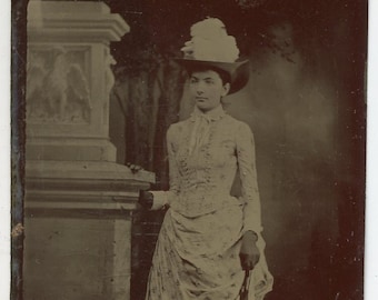 Woman in Elegant VICTORIAN GOWN and HAT - Tintype Photo circa 1880