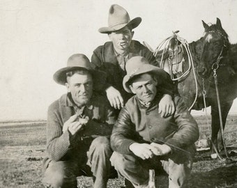 Handsome COWBOYS Having a WHISKEY on the RANGE circa 1920 Photo Postcard