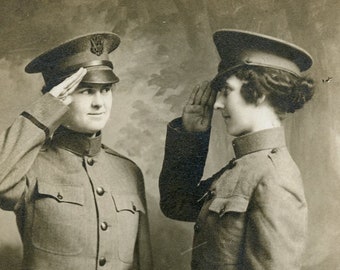 Women in MILITARY UNIFORM Saluting Each Other in WWI Era  c1918 Photo Postcard